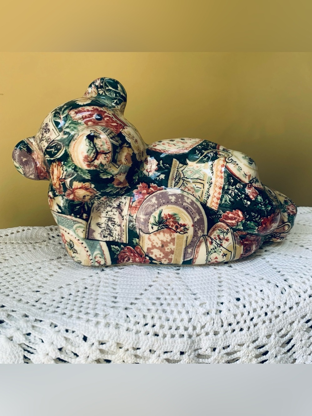 Joan Baker Floral Patchwork Decorative Ceramic Teddy Bear